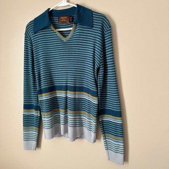 Sundowner Vintage Sweater Men LARGE 1980s Knit Striped Retro Preppy Hipster Blue - Picture 4 of 12